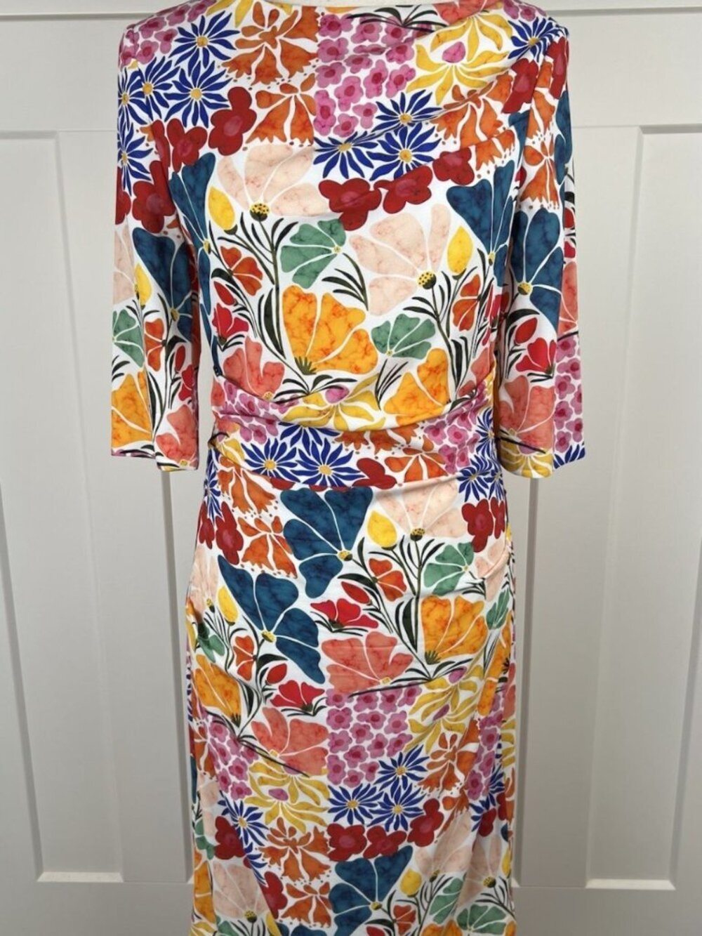 Talbot Runhof Floral Sheath Dress 8 Germany Ruched Waist 3/4 Sleeve Colorful